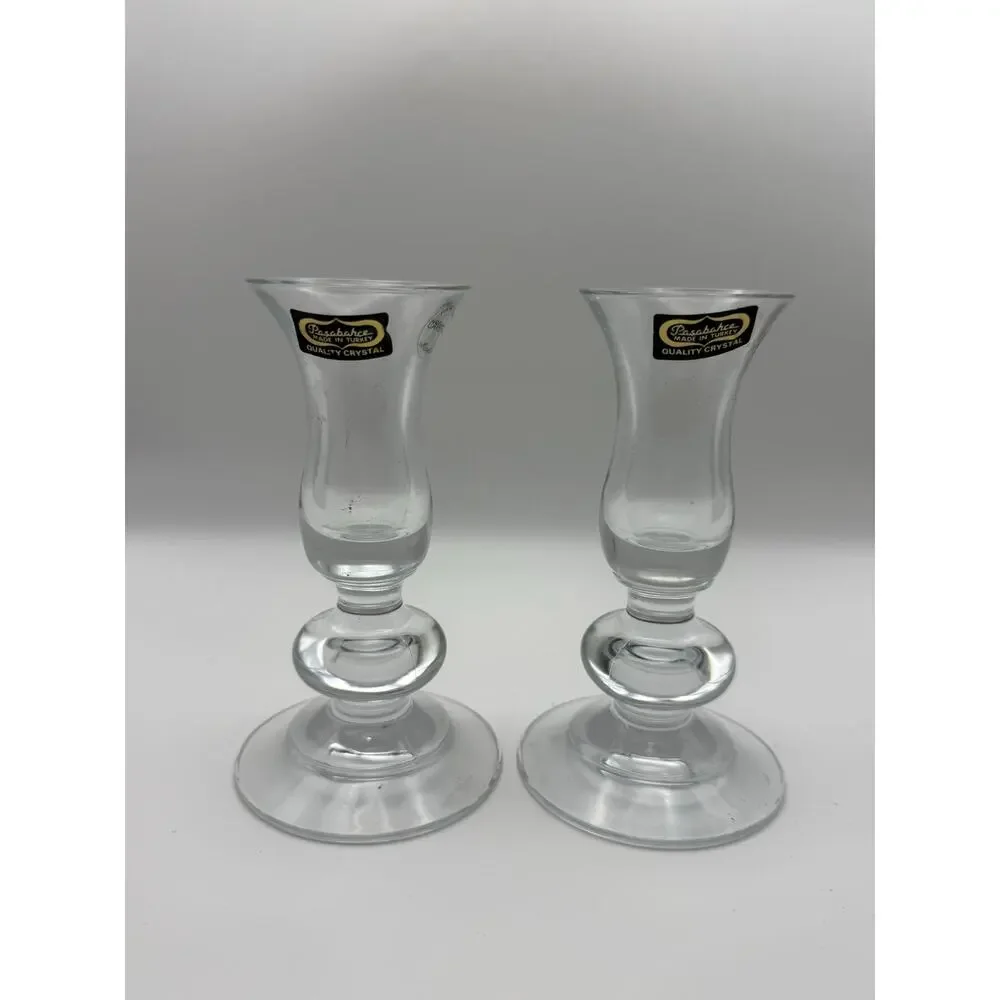 Vintage Pasabahce Clear Crystal Taper Candlestick Holders Pair Turkey 2